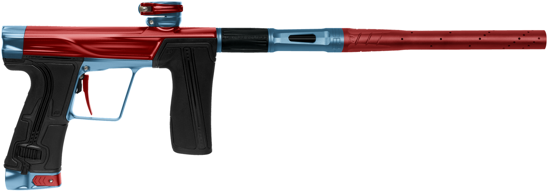 Red and blue Planet Eclipse Geo R5 paintball marker
